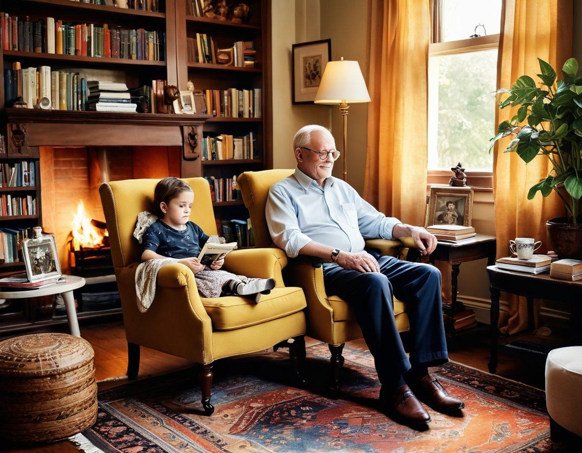 A cozy living room with a grandfather sitting in a vintage armchair, animatedly telling a story to a captivated child nestled on a colorful rug, surrounded by books and family photos. Warm, nostalgic lighting casts a golden hue, emphasizing the bond between generations. The room is adorned with family memorabilia and soft textures, evoking a sense of warmth and tradition. whimsical illustration. soft colors. warm tones.