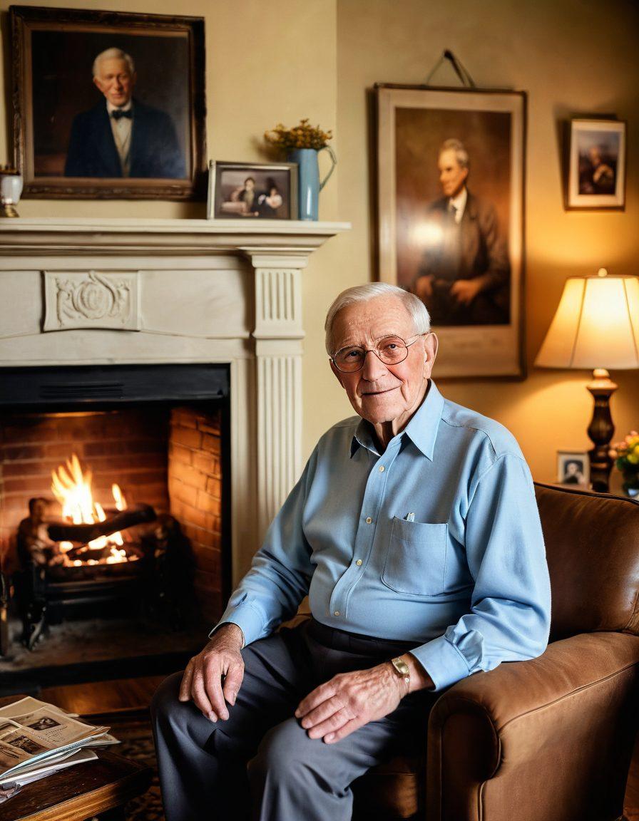 An elderly man sitting in a cozy living room, surrounded by family members of different generations, sharing captivating stories. The warm glow of a fireplace casts shadows, while old photographs and family memorabilia adorn the walls. Emphasize the expressions of wonder and nostalgia on their faces. Include soft, pastel colors to create a warm, inviting atmosphere. painting. vibrant colors.