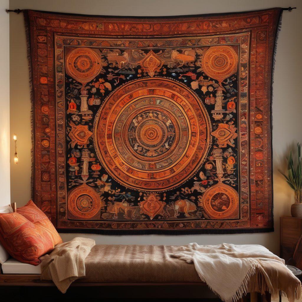 An intricate tapestry adorned with symbols representing various cultures, with vibrant threads connecting different generations. Include a warm, nostalgic family gathering in the background, showcasing smiles and shared stories. Artistic lighting to evoke a sense of history and connection, emphasizing the beauty of ancestral bonds. rich colors. textile art. warm ambiance.
